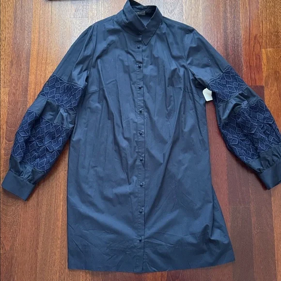 NWT LELA ROSE Poplin Lace Inset Shirt Dress Navy - Picture 3 of 8